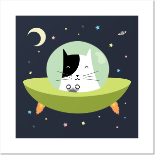 Space Cat - The Astronaut Kitten inside an UFO Posters and Art